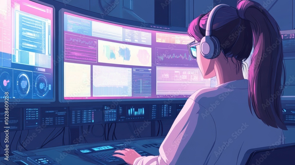 Poster A professional uses a large screen to manage multiple tasks at once, representing the efficiency and precision of modern multitasking.