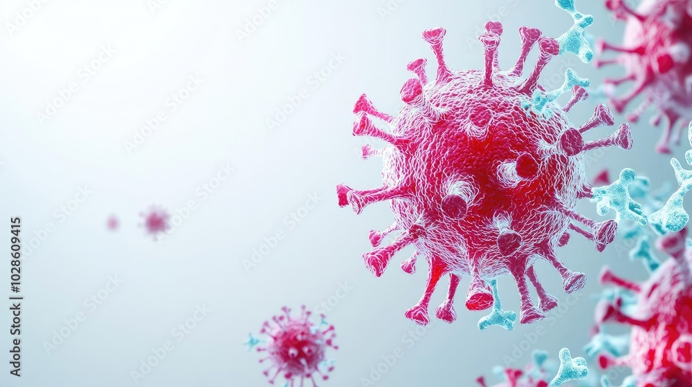 Poster microscopic view of virus particles on a soft gradient background.