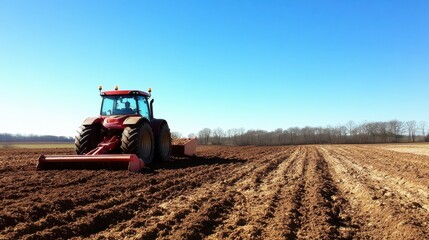 Obraz premium A red tractor with a bucket works the land, raking dirt and preparing it for crop planting, under a clear blue sky.