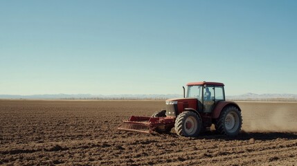 Obraz premium A red tractor with a bucket works the land, raking dirt and preparing it for crop planting, under a clear blue sky.