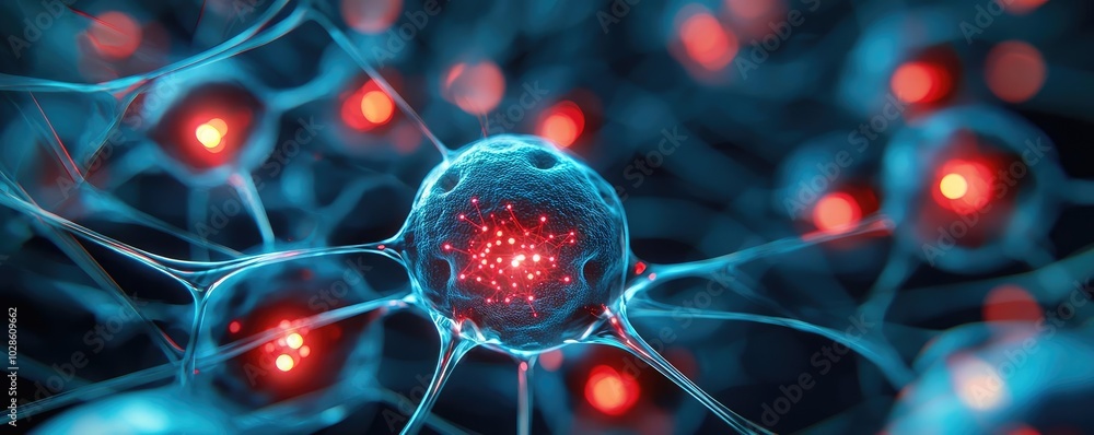 Poster close-up of glowing cells with intricate networks on a dark background.