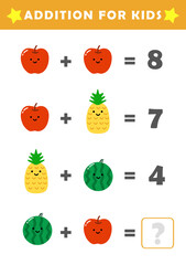 Fun Math Logic Puzzles for Kids. Math Game with Cute Fruits Pictures. Math Activities for Children. Addition for Kids.