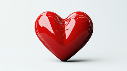 Glossy red heart-shaped object with reflective surface against a light gray background, symbolizing love and romance.