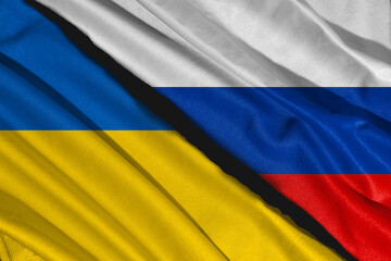 UKRAINE flag illustration combines RUSSIAN flag, satin texture waving decoration background. 3d illustration