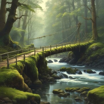 Fototapeta Illustration of old rope bridge in wild with moss.