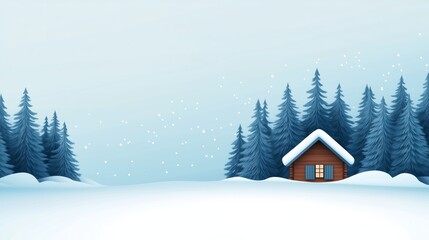 Snow-covered winter landscape with a small cabin surrounded by pine trees, perfect for Christmas-themed promotions or greeting cards 