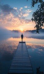 Man stands on wooden dock at sunrise.