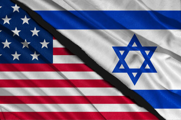 US flag illustration combines ISRAEL flag, satin texture waving decoration background. 3d illustrations