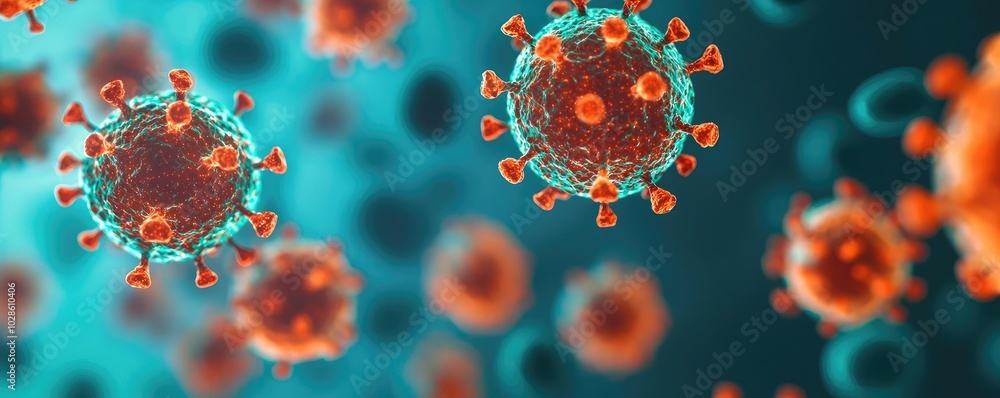 Poster microscopic view of virus particles on a colorful background