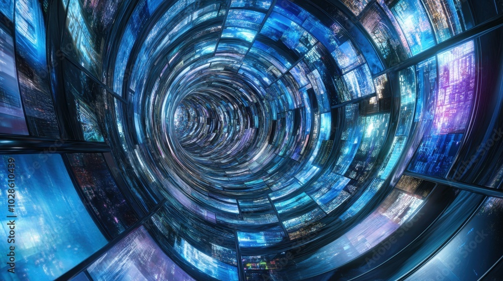 Poster a swirling vortex of digital screens displaying varied content, forming a dynamic futuristic informa