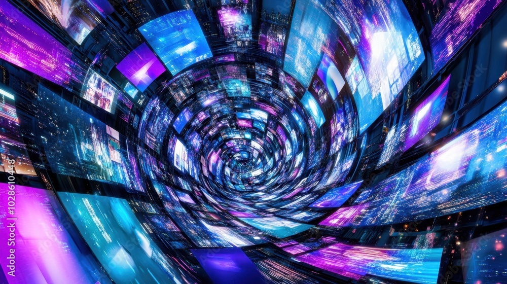 Poster a swirling vortex of digital screens displaying varied content, forming a dynamic futuristic informa