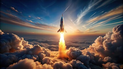 Nuclear rocket flying over clouds with black smoke trail