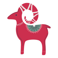 Yule goat, in Swedish julbock.  Traditional Scandinavian Christmas symbol. Ethnic folk art, ceramic or wooden animal figure with decorative ornament. Hand drawn minimalistic vector illustration.
