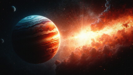 Kolizja dw&oacute;ch ciał niebieskich. Tragedia w kosmosie. Znieszczenie i pożoga na kosmiczną skalę.
