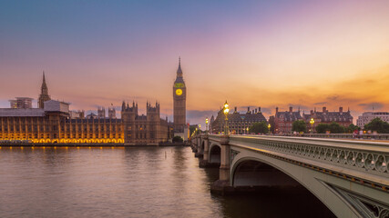 Sunset Over Iconic London Landmarks and Westminster Bridge