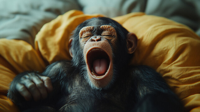 G&auml;hnender Affe, der sich im Bett streckt, ideal f&uuml;r ein humorvolles Guten-Morgen-Bild, Social Media oder Gru&szlig;karten.