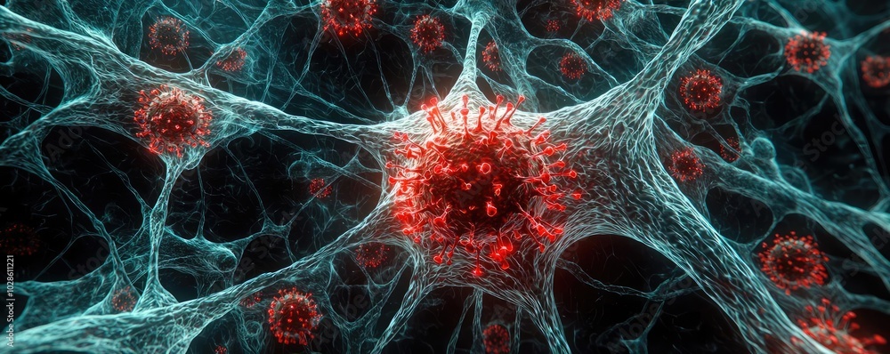 Poster microscopic view of cells with red and blue structures on a dark background.