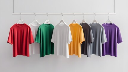 Obraz premium A neatly arranged display of t-shirt templates in various vibrant colors, each shirt hanging perfectly on invisible hooks, bright and crisp lighting enhancing the fabric texture, white background,