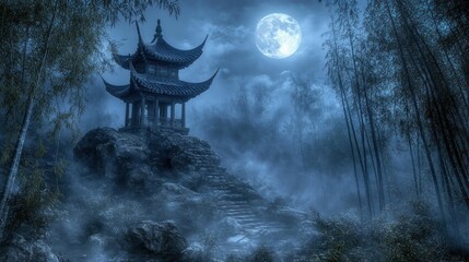 Obraz premium A traditional Chinese pagoda sits atop a rocky cliff, bathed in the ethereal glow of a full moon, with misty fog swirling through the surrounding bamboo forest.