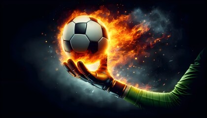 Naklejka premium digital painting of a soccer ball emitting fire in the hands of a goalkeeper, on a black background