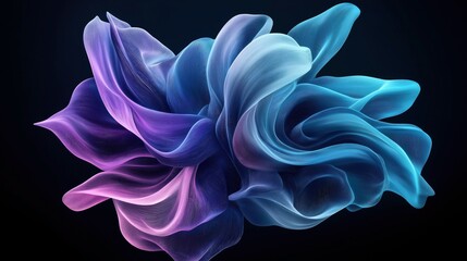 Fototapeta premium Abstract digital art featuring flowing and swirling shapes in shades of blue and purple against a dark background, resembling fluid organic forms or fabric.