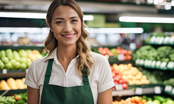  young woman worker in a Vegetable section supermarket standing smiling. Friendly pleasant female looking at camera in a fruit shop market