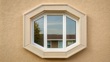 Octagon shaped glass window on the side of beige house Point of View
