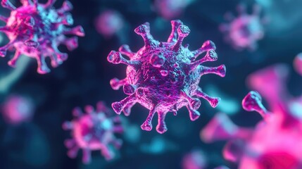 Colorful detailed illustration of a virus on a dark background.