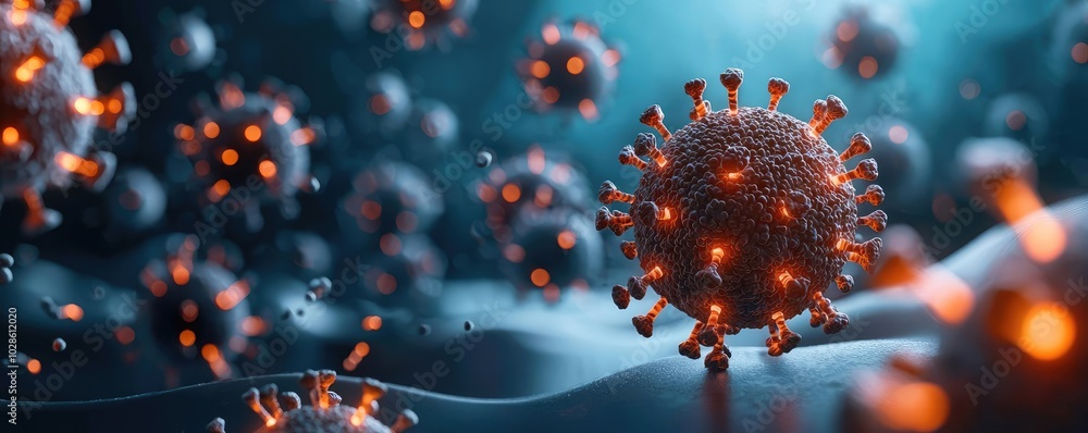 Poster virus particles with glowing elements in an abstract environment.