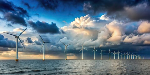 Offshore wind turbines generating sustainable electricity under cloudy sky