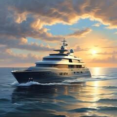 Modern yaht on open sea with sunrise behind.