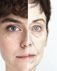 Headshot of a Beautiful Young Woman (25+) Next to an Aged Woman (45+) with Distinct Wrinkles.