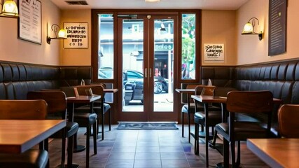 A cozy restaurant interior featuring empty tables and a welcoming entrance.