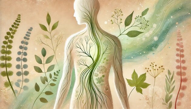 An abstract illustration of a human body with tree-like branches and leaves representing the vagus nerve, blending nature and anatomy. Generated AI.
