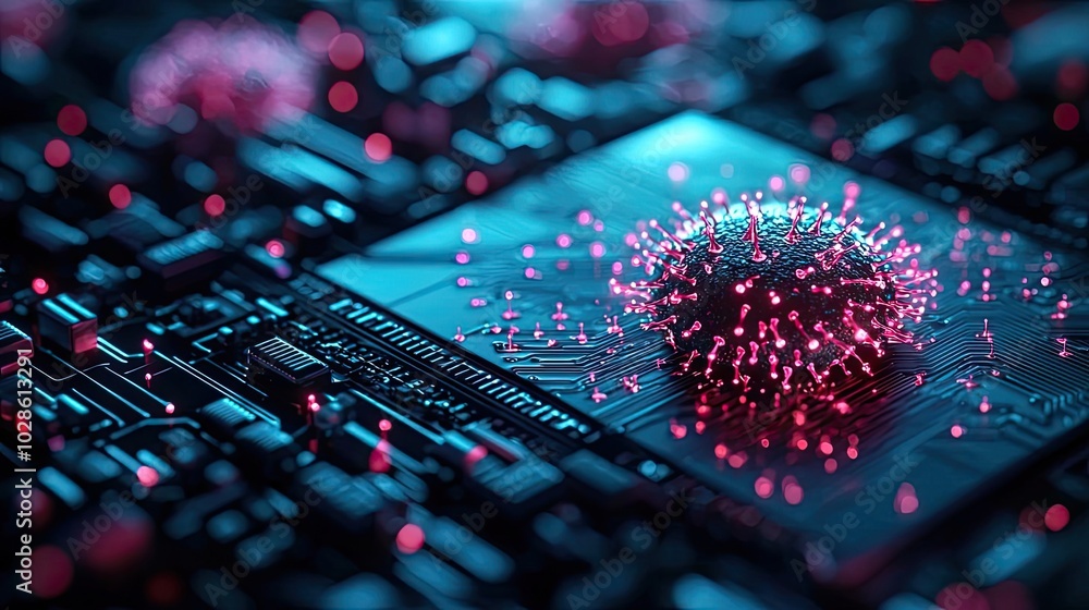Poster close-up of a microprocessor with virus-like structures, illuminated in blue and pink.