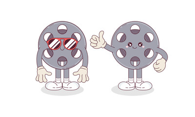 Set of Cute Toon Retro Groovy Movie and Cinema Mascot Cartoon Character Illustration.