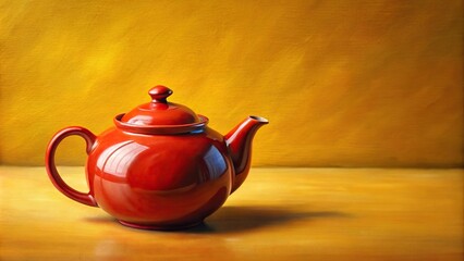 Oil painting of a small red teapot on a yellow background