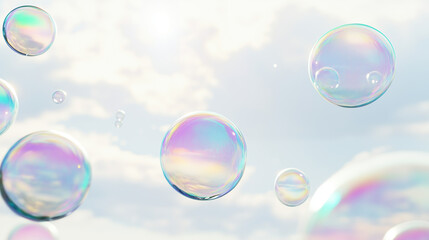 Floating Soap Bubbles Reflecting Rainbow Colors in the Sky