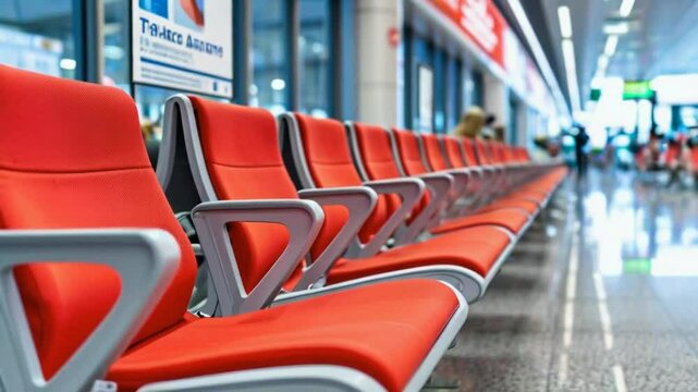 A row of modern red airport seating in a terminal, designed for travelers to wait comfortably.