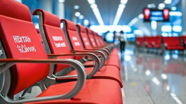 A row of red airport seating in a modern terminal, designed for travelers waiting for flights.