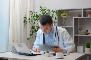 A young doctor, at his desk, receives patients.