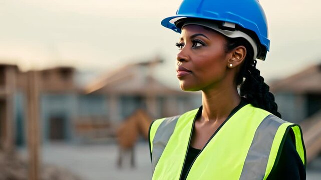 African American female supervisor with clipboard on construction site. Supervising material deliveries and ensuring timely arrivals.