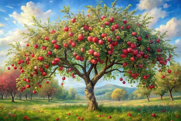 Fototapeta premium Oil painting of crabapple tree in bloom with ripe red apples - Panoramic view