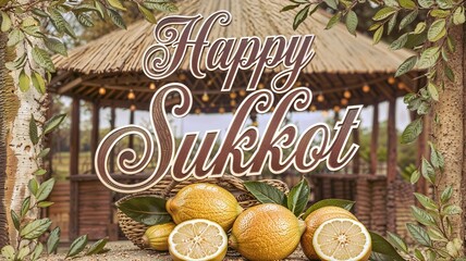 Festive card with fresh lemons for Sukkot illustration vector, created with Generative AI 