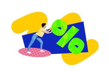 Composite trend artwork 3D sketch photo collage of sale black friday banner buy brand shopper offer young lady walk hand push huge percent