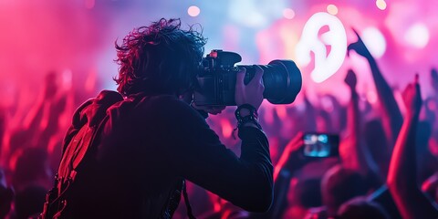  Photographer capturing a lively concert scene, focusing on the stage and the vibrant crowd under colorful lighting, immersed in the atmosphere of live music.