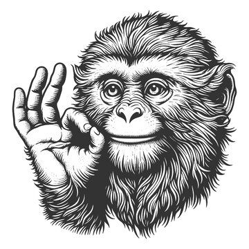 recommend clip art: Monkey animal hand with ok gesture sketch engraving generative ai raster illustration. Good sign. Scratch board style imitation. 