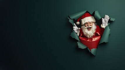 Santa holding red bag in torn green paper frame