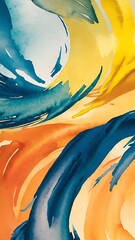Top view of blue, yellow and orange watercolor spills