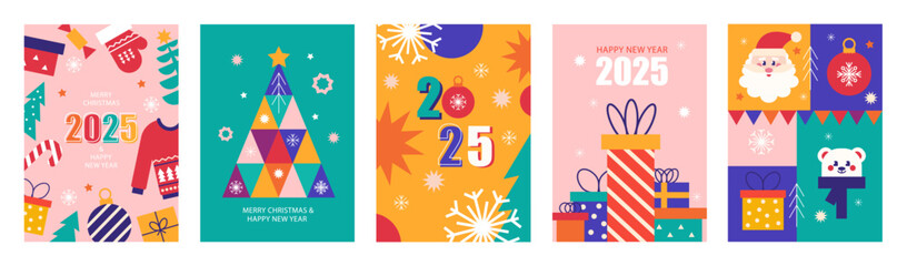Naklejka premium Merry Christmas and Happy New Year poster, greeting card modern set. Colorful vector illustration in flat style. Banner, holiday covers template